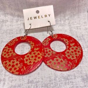 Wooden Red Floral Hoop Drop Earrings